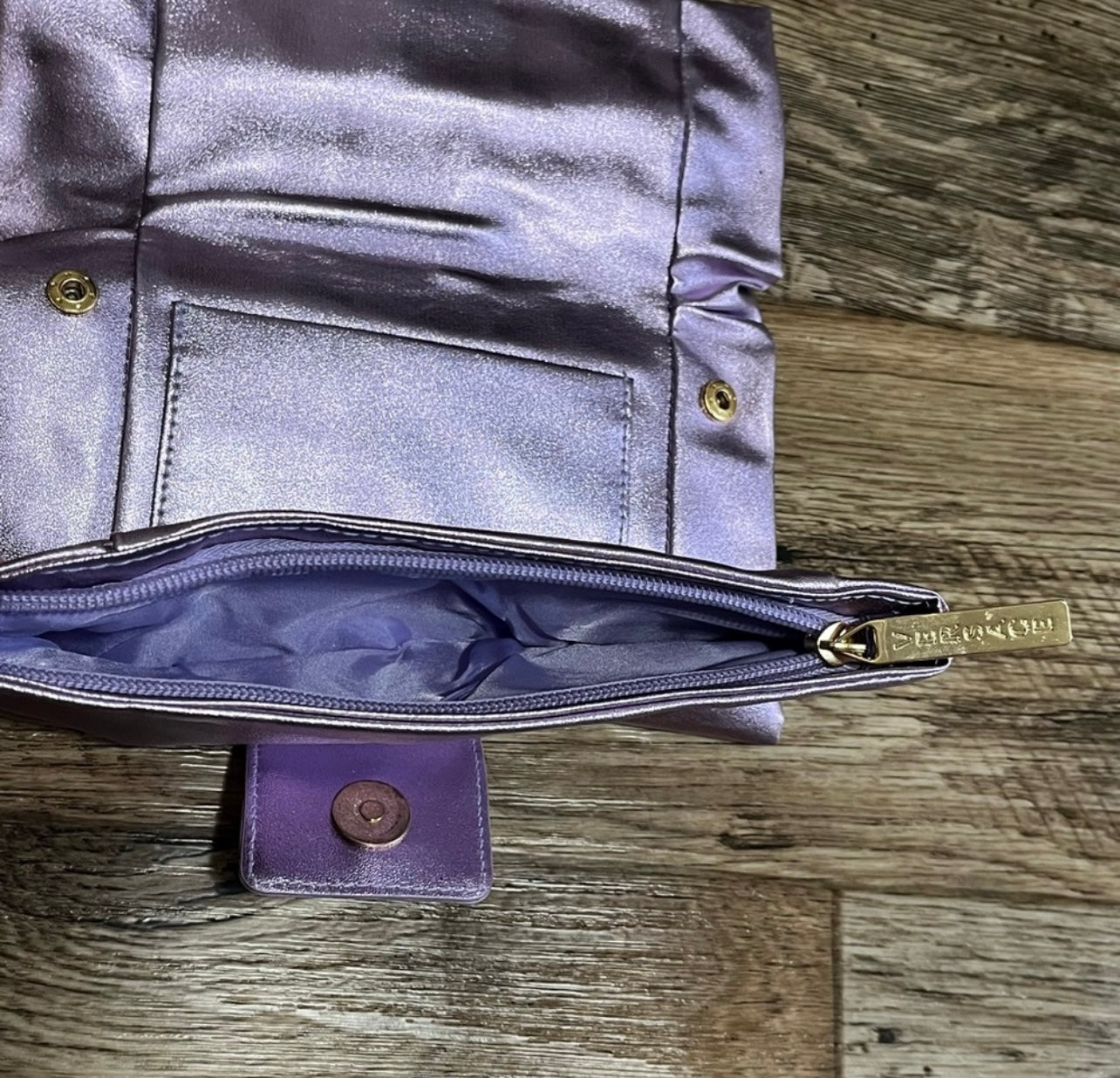 Versace Parfums purple satin bow clutch bag