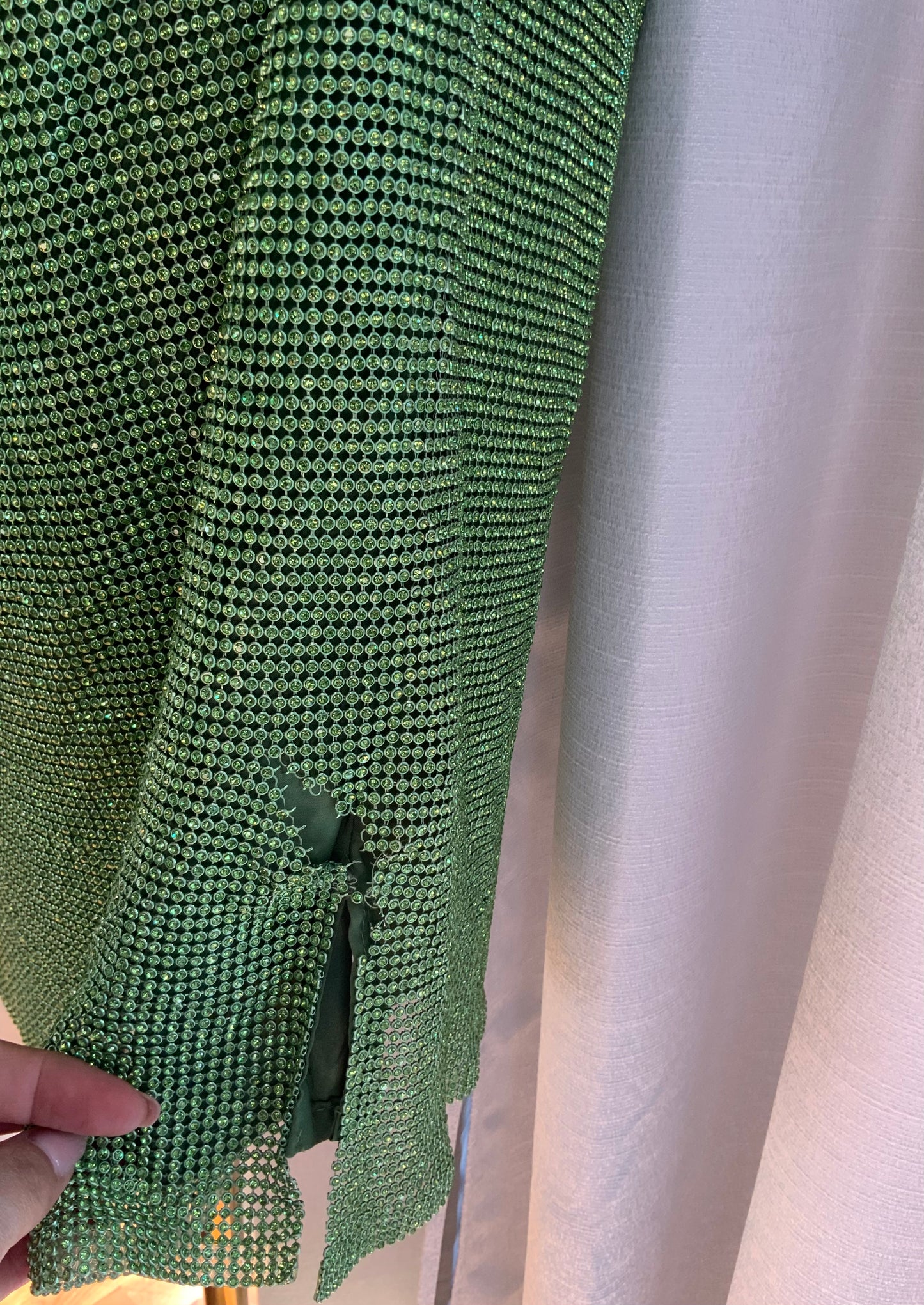 MESHKI “MEILANI” LOW BACK DIAMANTÉ MESH MINI DRESS - GREEN