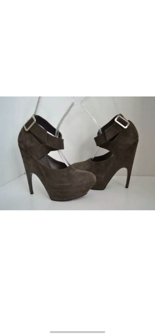 YSL/Yves Saint Laurent Taupe Suede Platform Heels w/Ankle Strap